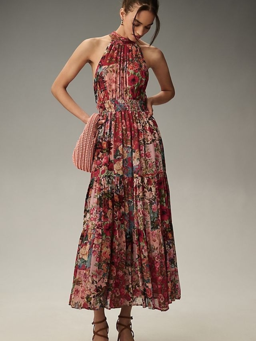 Anthropologie Somerset Pink Floral Halter-Style Maxi Dress